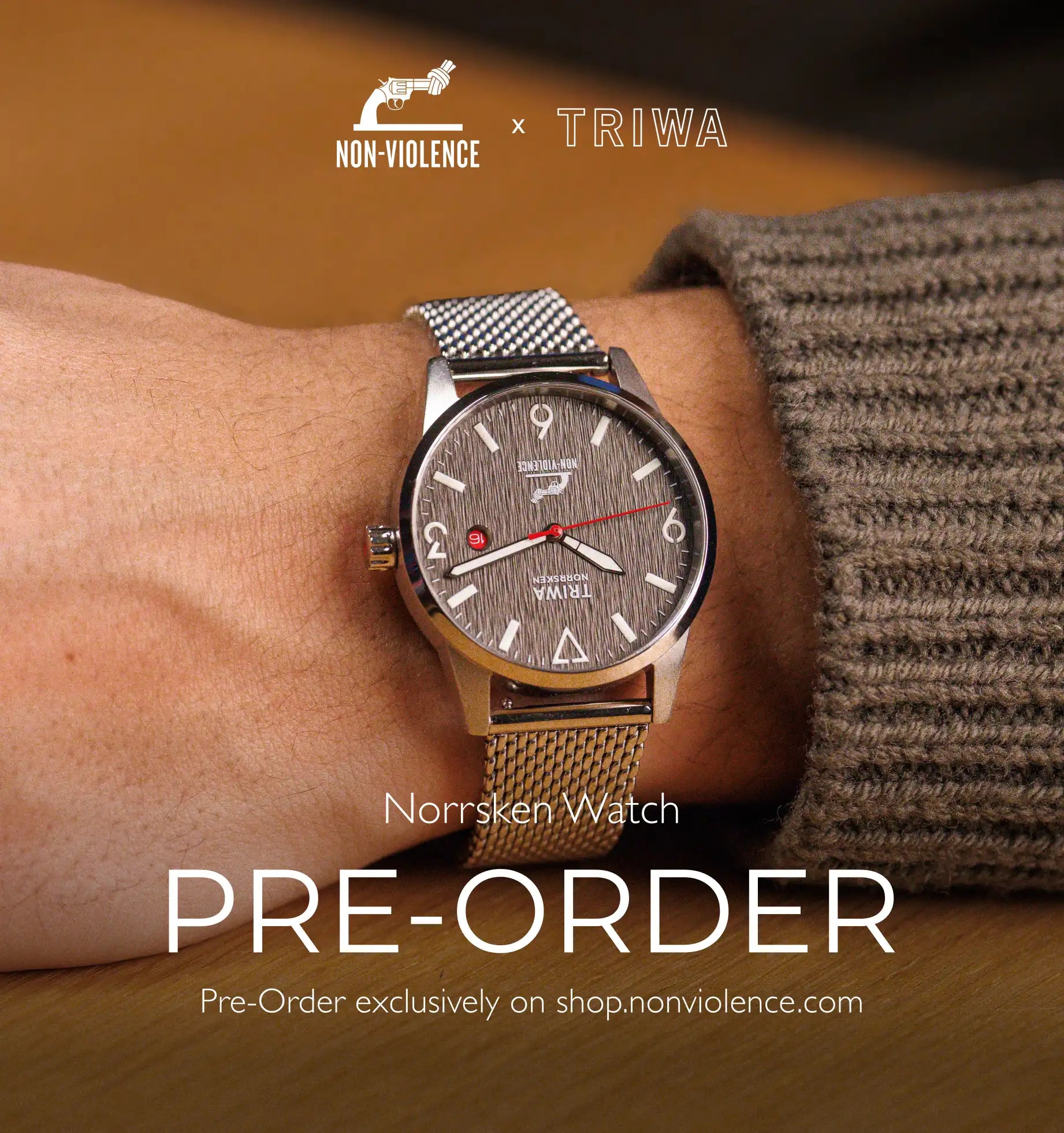 A man wearing a Non-Violence X Triwa Watch