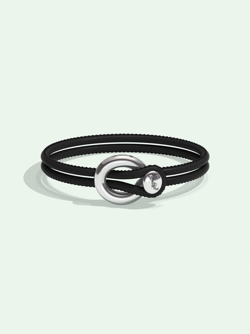 Imagine black leather bracelet by Orrling in a front view created in collaboration with the Non-Violence Project.
