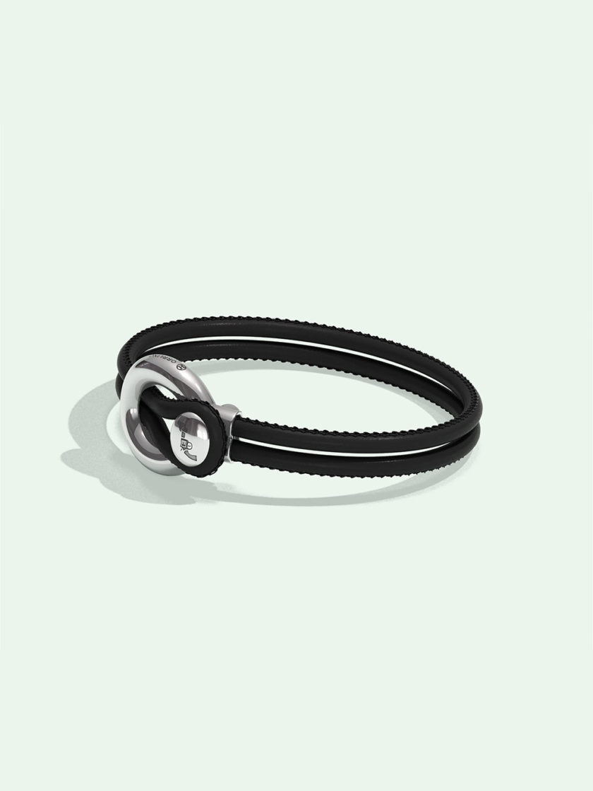 Imagine black leather bracelet by Orrling in a side view created in collaboration with the Non-Violence Project.