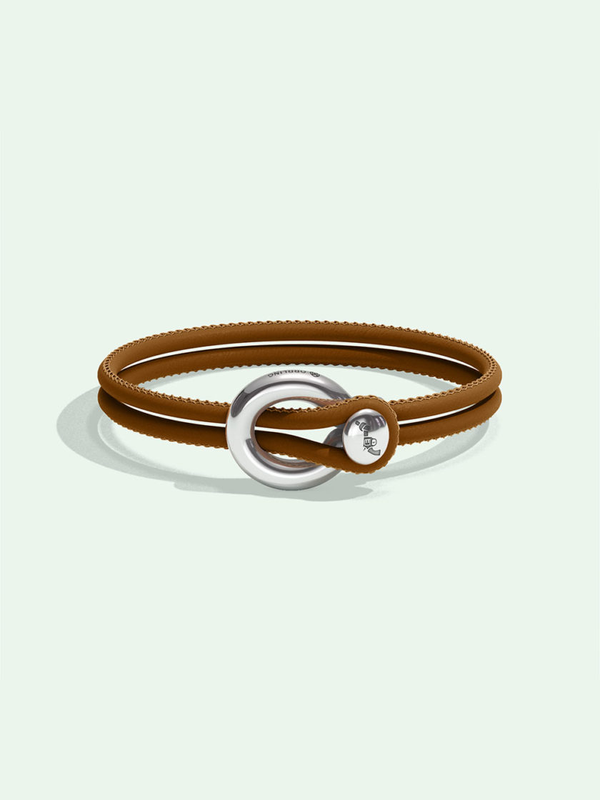 Imagine brown leather bracelet by Orrling in a front view created in collaboration with the Non-Violence Project.
