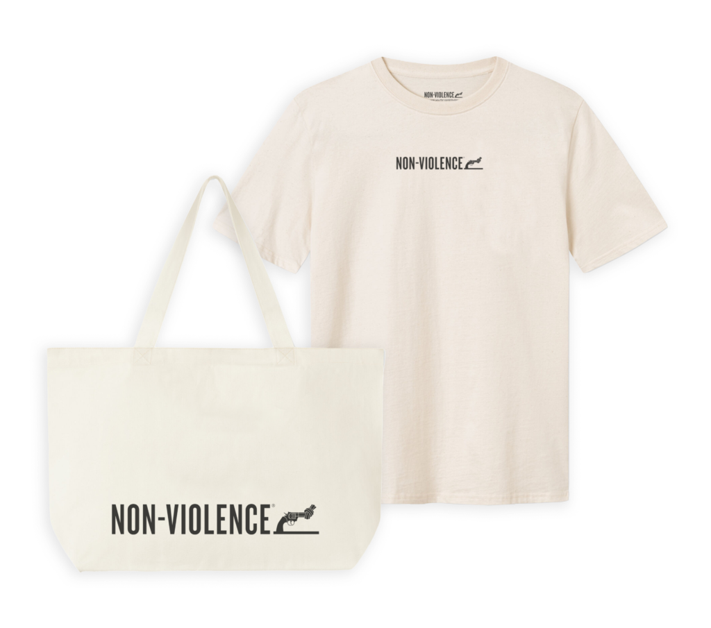 Totebag and T-shirt with The Non-Violence Project logo